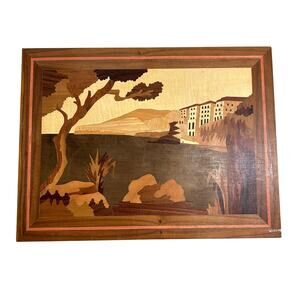 Wood Inlay Marquetry Panel European Coastal Scene Italy 16" x 12" Handcraafted